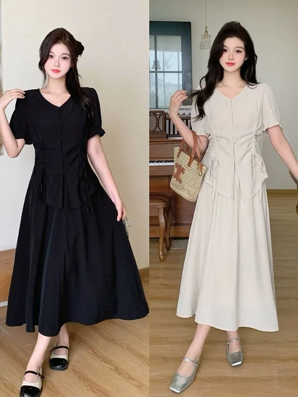 

Black Short Sleeve A-Line Skirt Set plus Size Slimming Summer Fashion Two-Piece Women's Clothing Casual Workwear