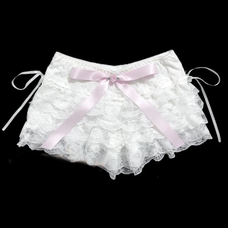 Women Sexy Lace Shorts Harajuku Girls Sweet Ribbons Flower Ruffles Elastic Waist Kawaii Cake Shorts Lolita Safety Short Pants