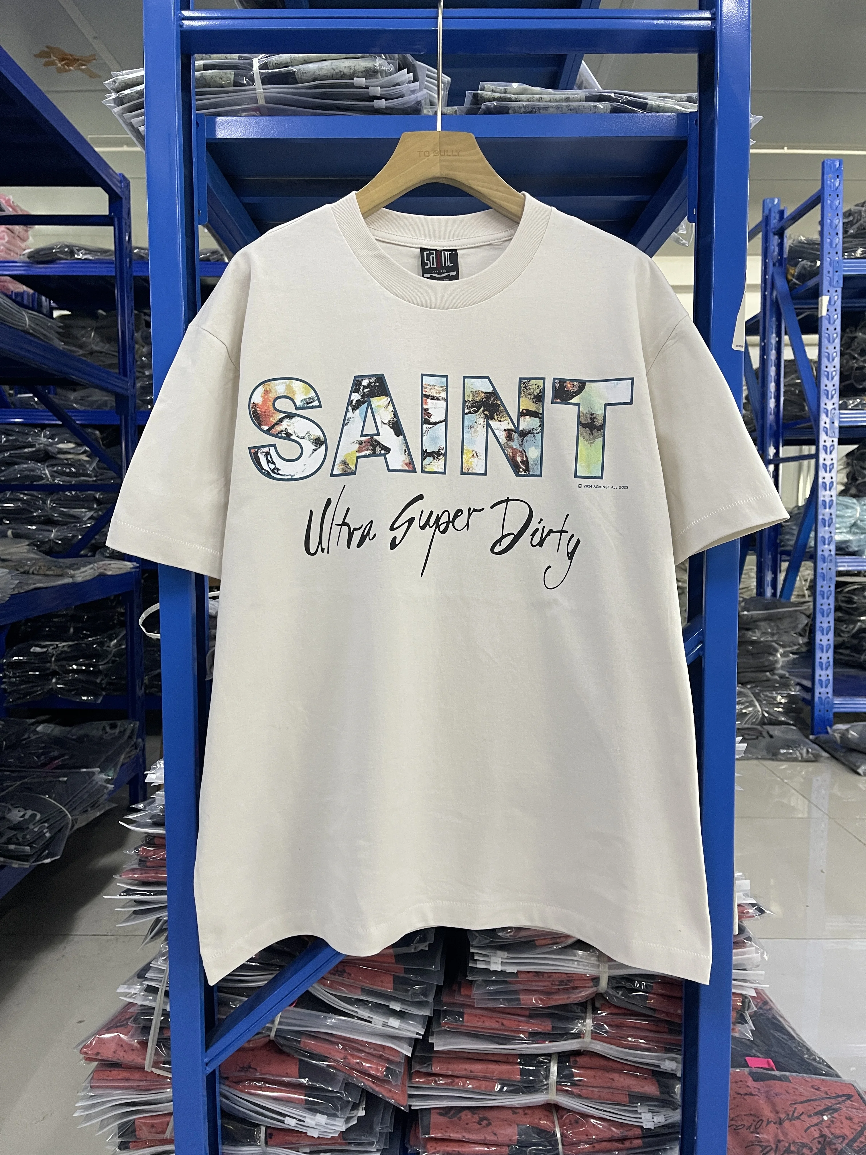 

Summer 2025 Washed Men's Short Sleeves T-shirt Vintage Saint Letter Print Japanese Oversize High-quality Heavyweight Pure Cotton
