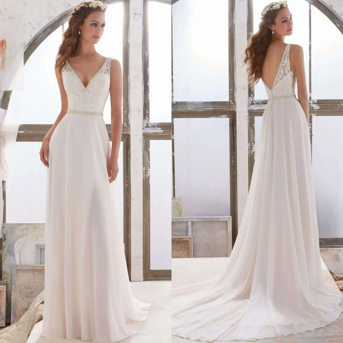 

Customized White Soft Tulle Exquisite Appliques Wedding Dress Sexy V-neck Fashion Sleeveless Luxury Bridal Party Bridal Gowns