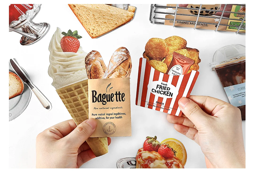 20 Blatt/Beutel, beschreibbare Haftnotizen, kreatives Muster mit Snacks, Desserts, Früchten, Alltagsmotiven, faltbare Notizen für Nachrichten und Begrüßungen – Detail 7