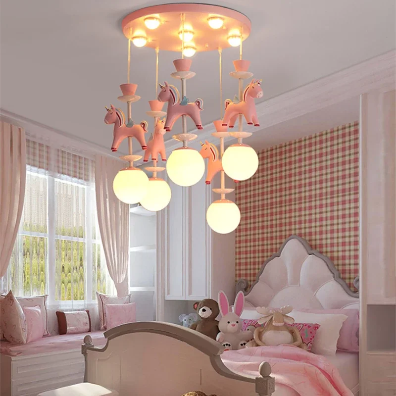 

Kids Room Chandelier Pink Trojan Horse Lamp Little Girl Boy Pastoral Cute Cartoon Girl Study Bedroom Bedside Lamp