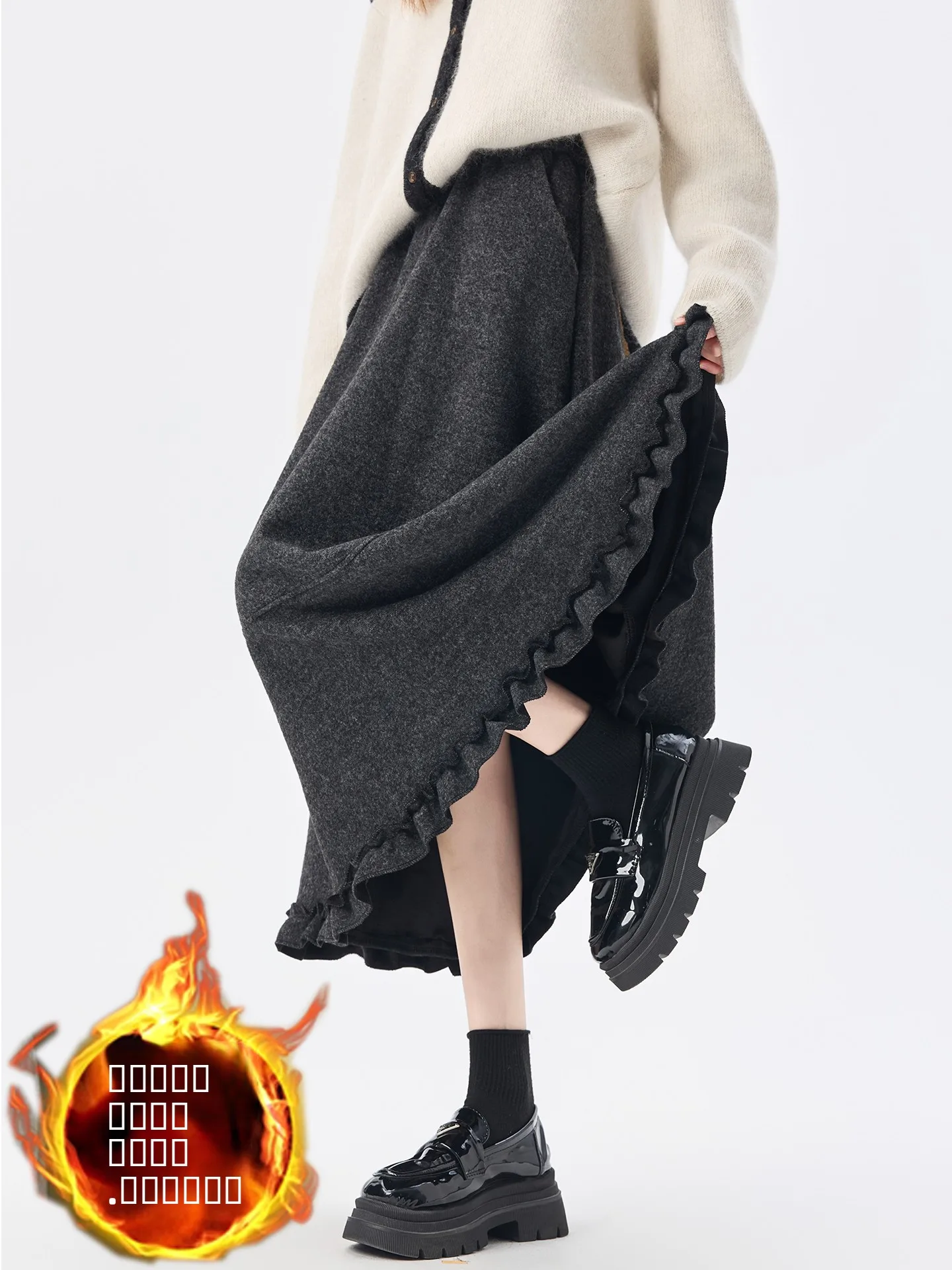 

Deep ey Wooden Ear Splice Thiened A-Line Midi Skirt Women's Autumn Winter Plaid Elastic Waist Fce Lined Skirt