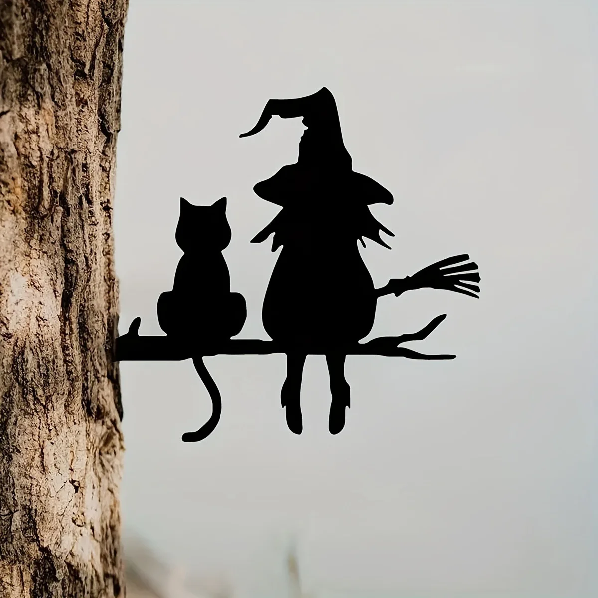 Garden Stake Iron Silhouette Cute Witch and Cat Tree Stump Plug-in Yard Art for Lawn Courtyard Decor,Halloween Decor