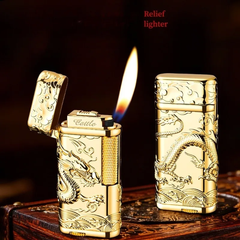 New Metal Square Relief Butane Lighter with Side Wheel Ignition Creative Diagonal High-end Tube Lighter for Men As A Gift