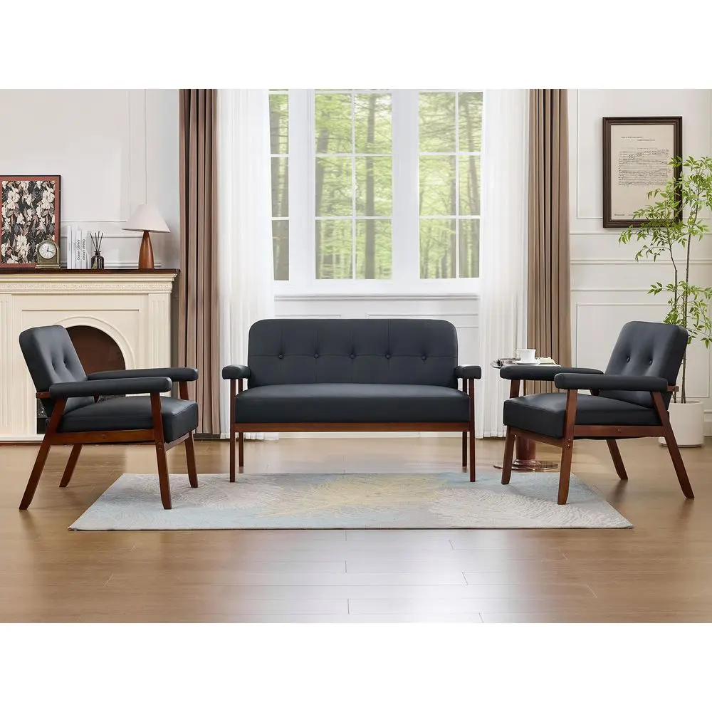 

Black Leather Love seat Sofa and Accent Chairs, MidCentury Modern Office Furniture LoveSeat Couch and Chair Set, Small Couches