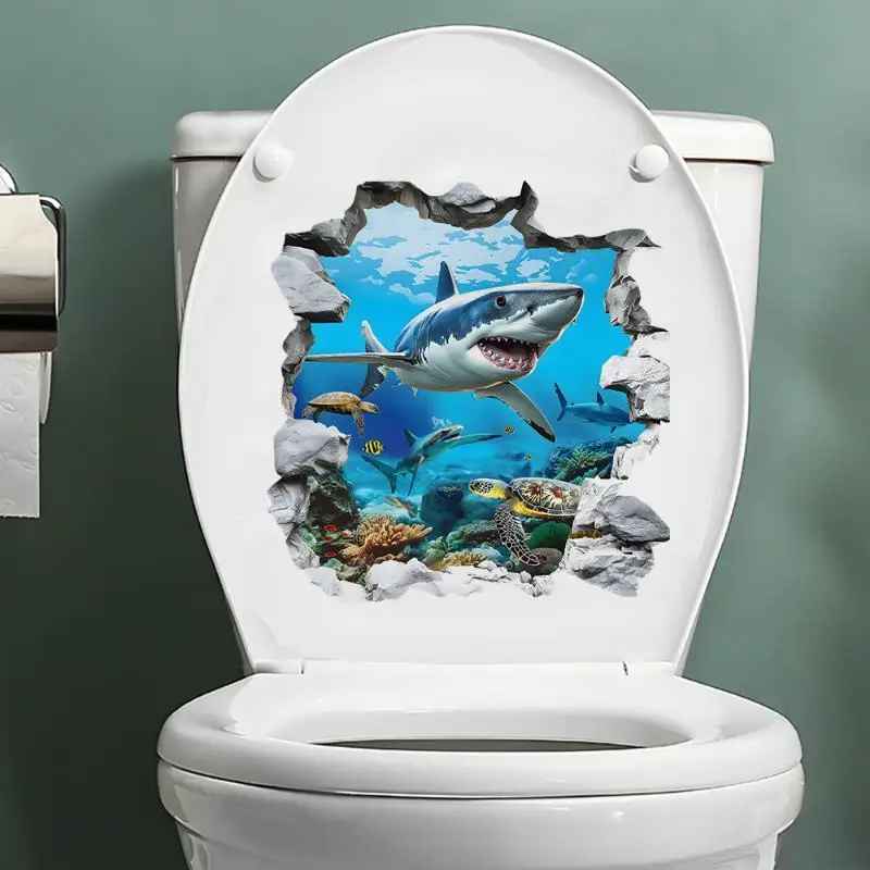 Breaking The Wall Shark Toilet Sticker Bathroom Beach Floor Decal Waterproof Anti Slip Removable Seashore Bathtub Decor