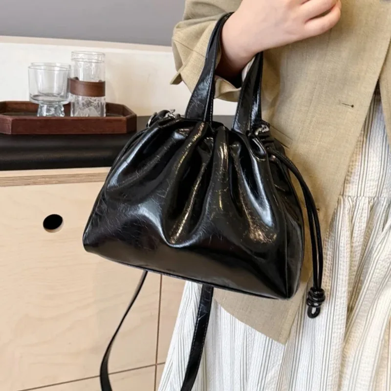 Retro Small PU Leather Bucket Bag Crossbody Bags Women 2024 New Fashion Trend Simple Shoulder Bags Luxury Solid Simple Handbags