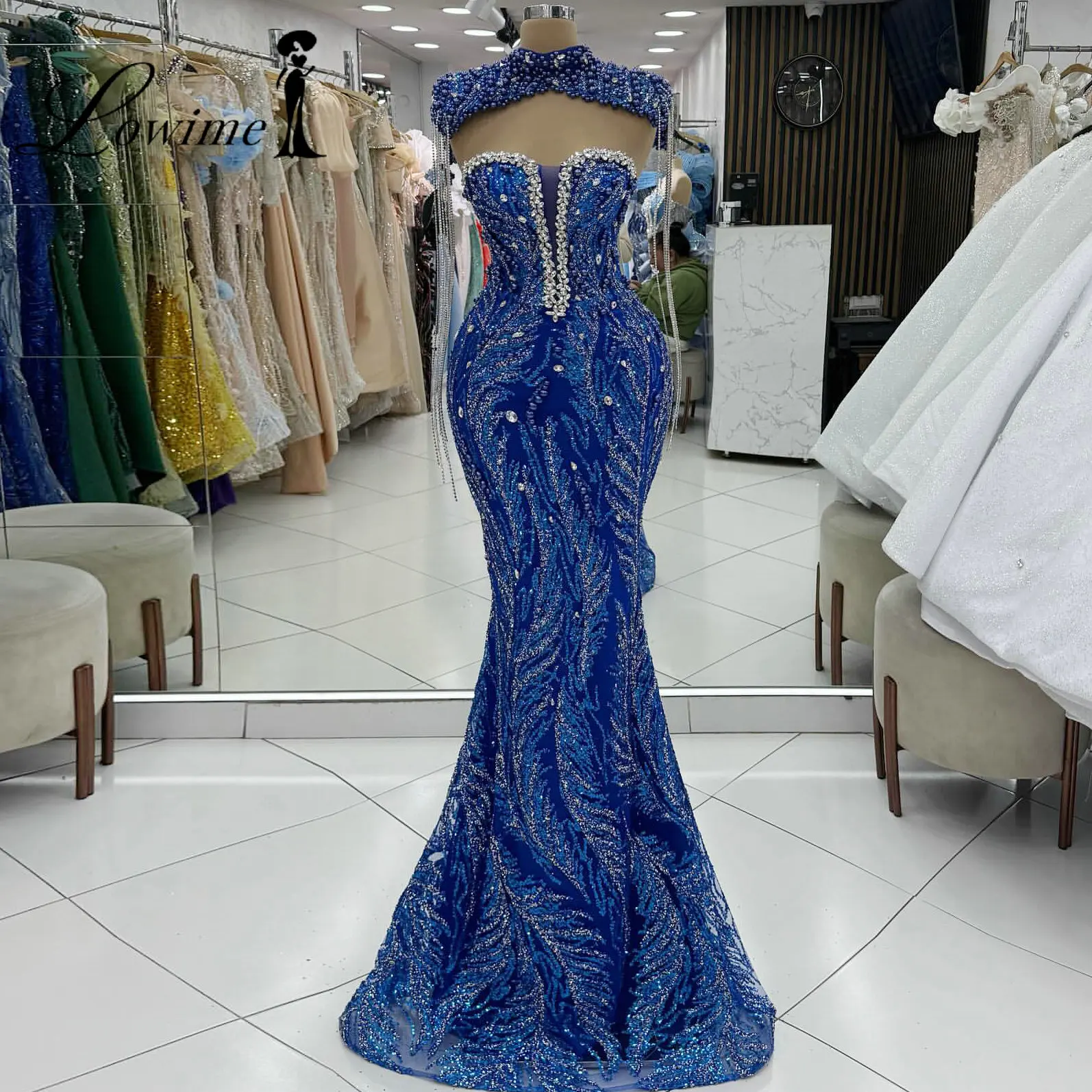 Koningsblauw Tweedelige Zeemeermin Avondjurken 2026 Arabische Kristallen Tessels Parels Kralen Formele Partij Jassen voor Vrouwen Aangepaste