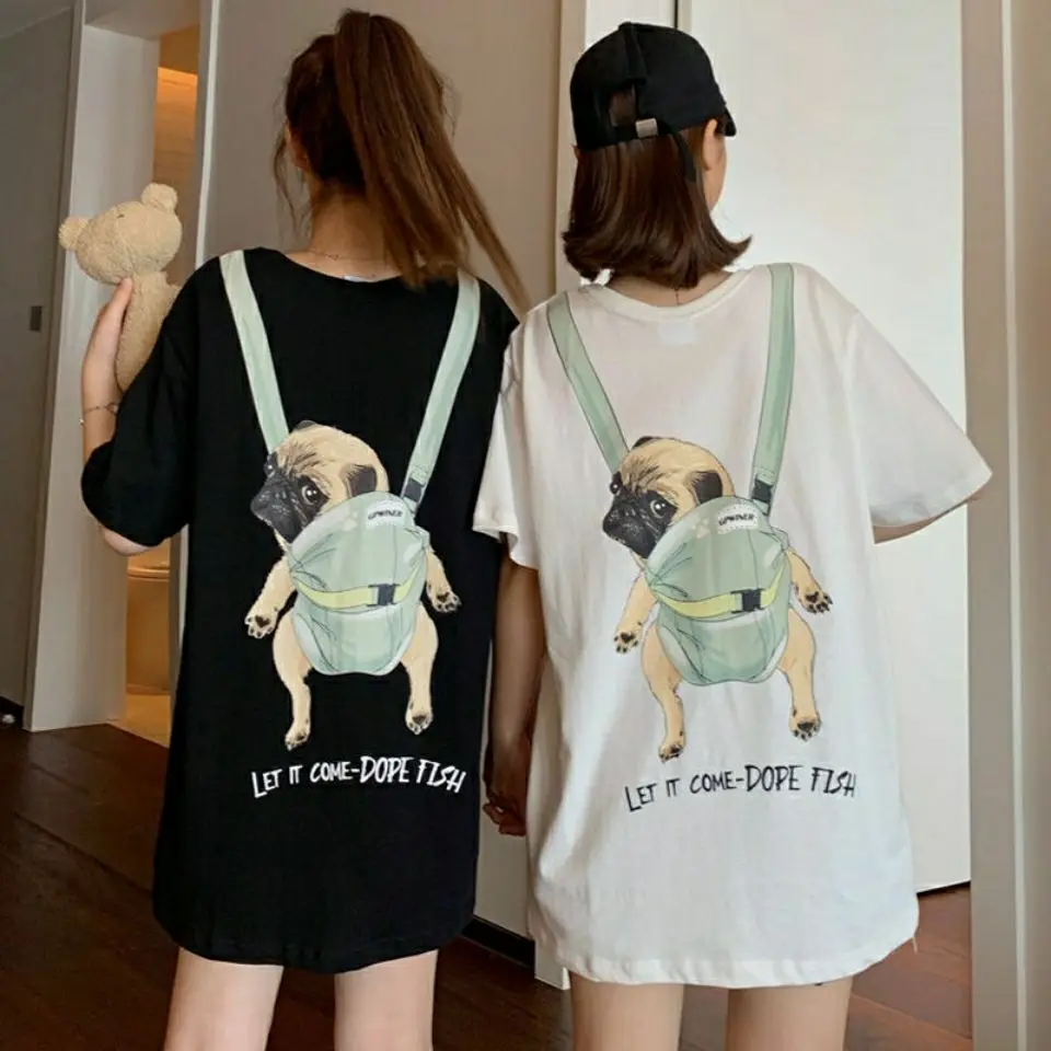 Summer Y2k Clothes 2024 New Cotton Ins Back Print Carrying A Dog T-shirt Woman Casual Loose Tops