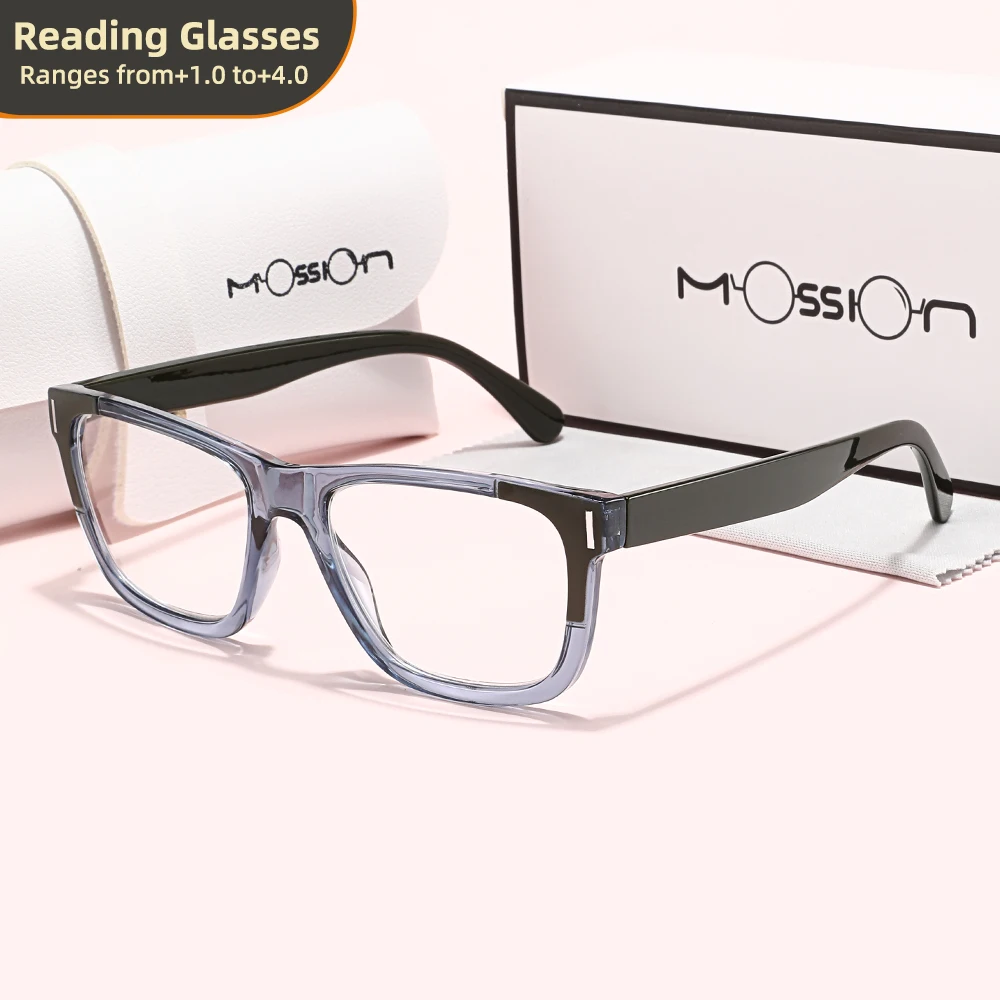 Lesebrille mit +1,0 bis +4,0 Dioptrien, halbtransparente, graublau gefärbte Fassungen, minimalistischer Business-Stil, leicht und langlebig.