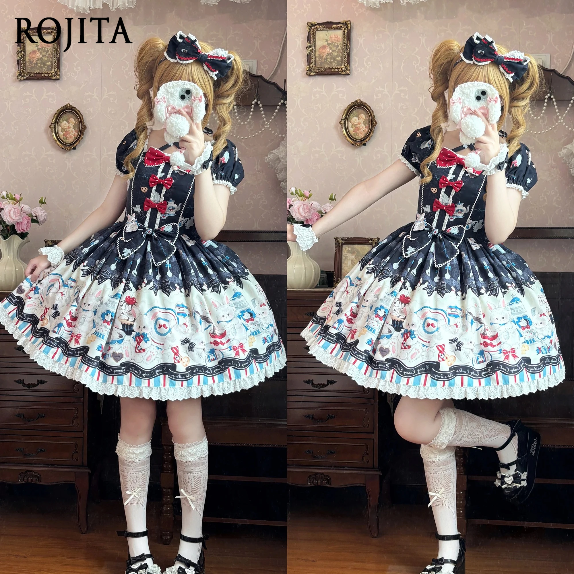 

Black Rabbit Tea Party Original Lolita Print Sweet Retro OP Cute Sea Salt Ice Cream Color Bubble Short Sleeve OP Dress Women