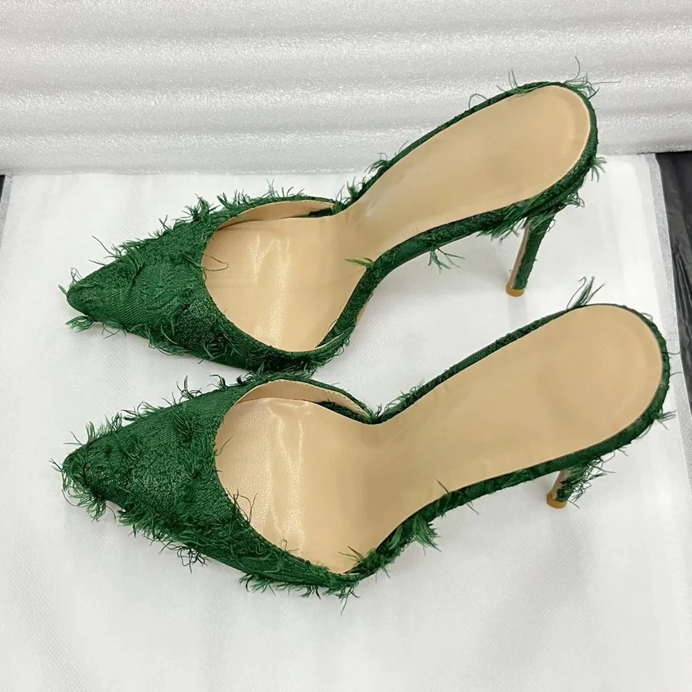 Women's Emerald Green Fringed Fabric Pointed Toe Mules Sexy Stiletto High Heel Slip-On Pumps Elegant Dress Slipper Party Shoes
