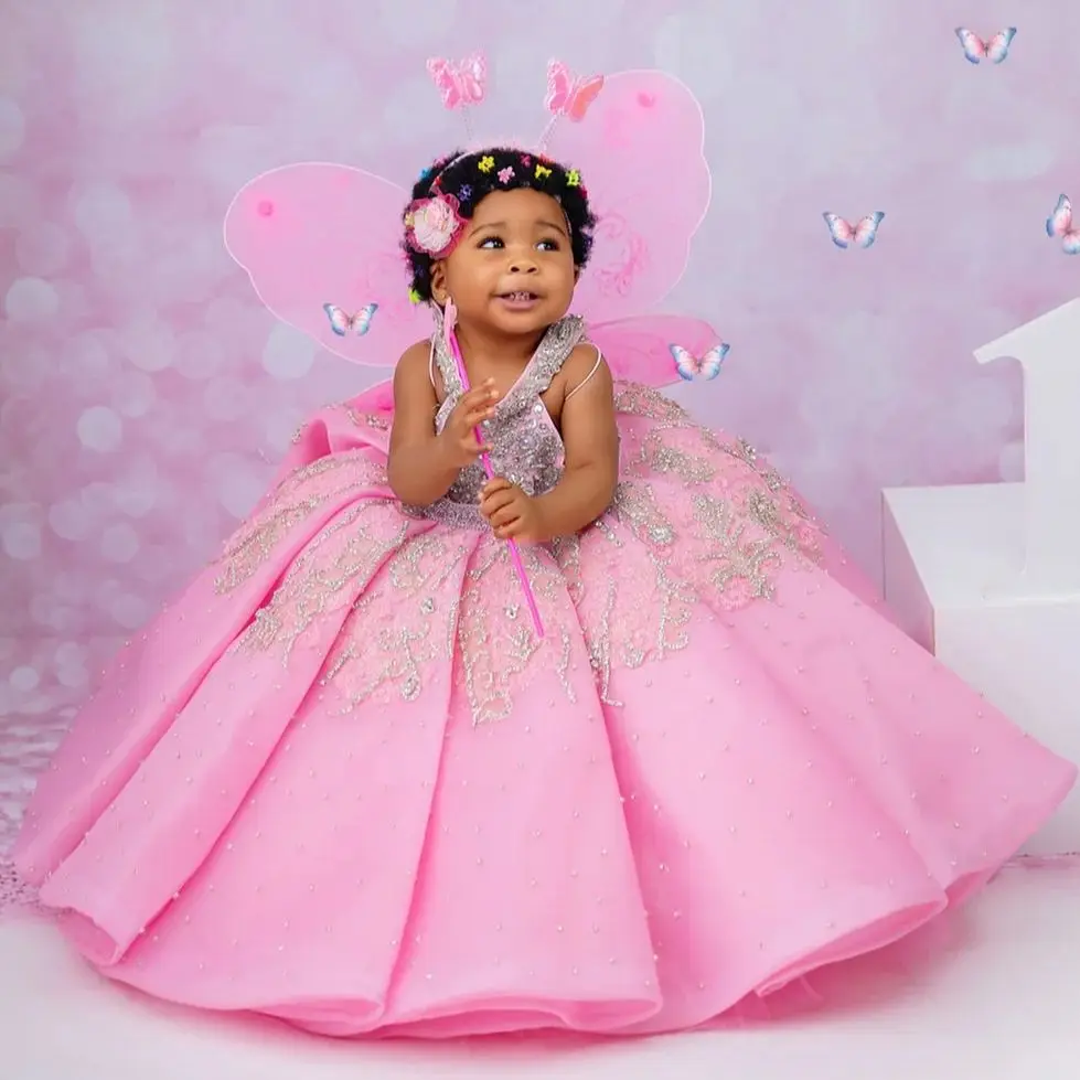 Vestidos de fiesta de cumpleaños de niña de color rosa de lujo, vestidos de niña de flores personalizados con cuello redondo, vestidos de desfile de princesa para sesión de fotos