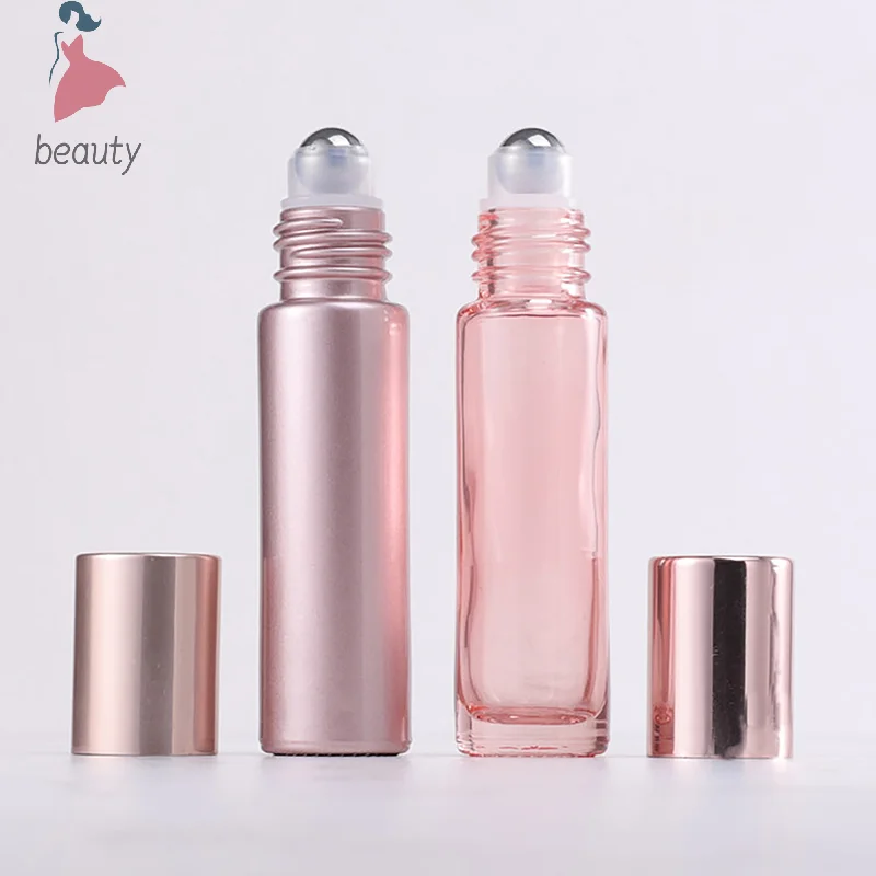 1PCS Glass Roll On Bottle 5/10ml Pink Roller Bottle Essential Oil Lip Gloss Refillable Tube Empty Jar Glass Perfume Bottle