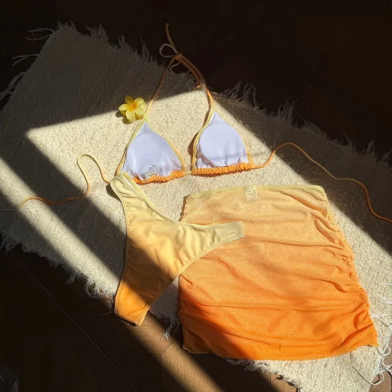 Damski 3-częściowy strój kąpielowy, bikini z kwiatami 3D, wiązany na szyi, z wysokim wycięciem, marszczony zestaw bikini z spódniczką.