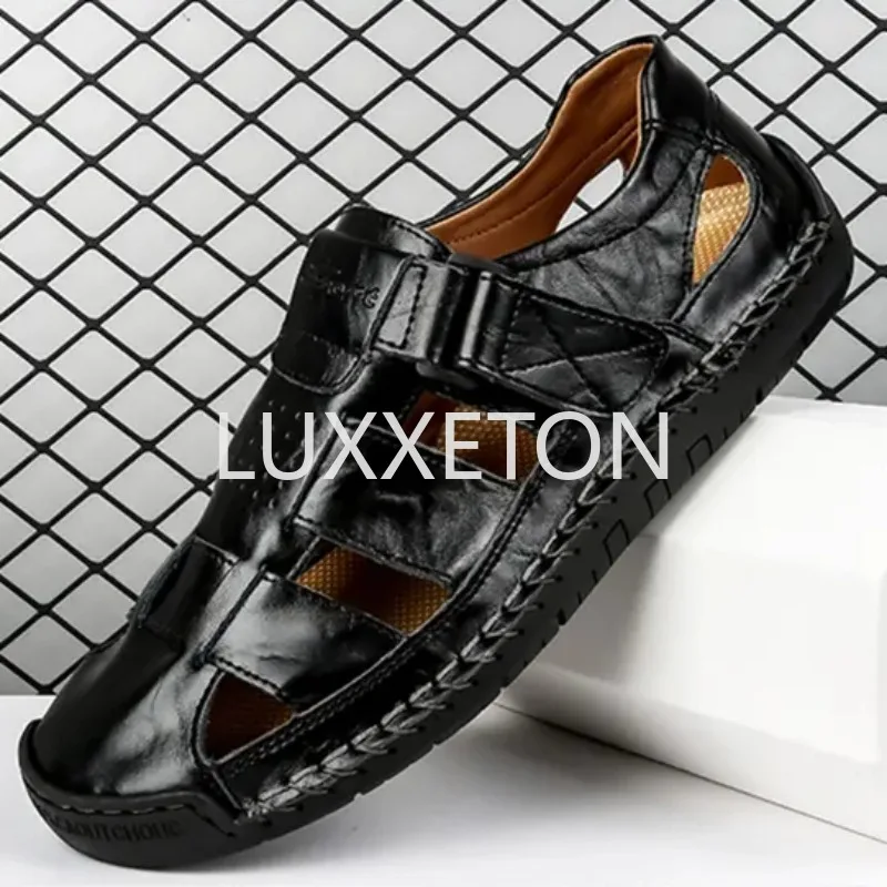 2024 New Genuine Leather Men's Beach Large Size 38-48 Breathable Sandals Retro Handsewn Baotou Casual Fashion Handmade Shoes