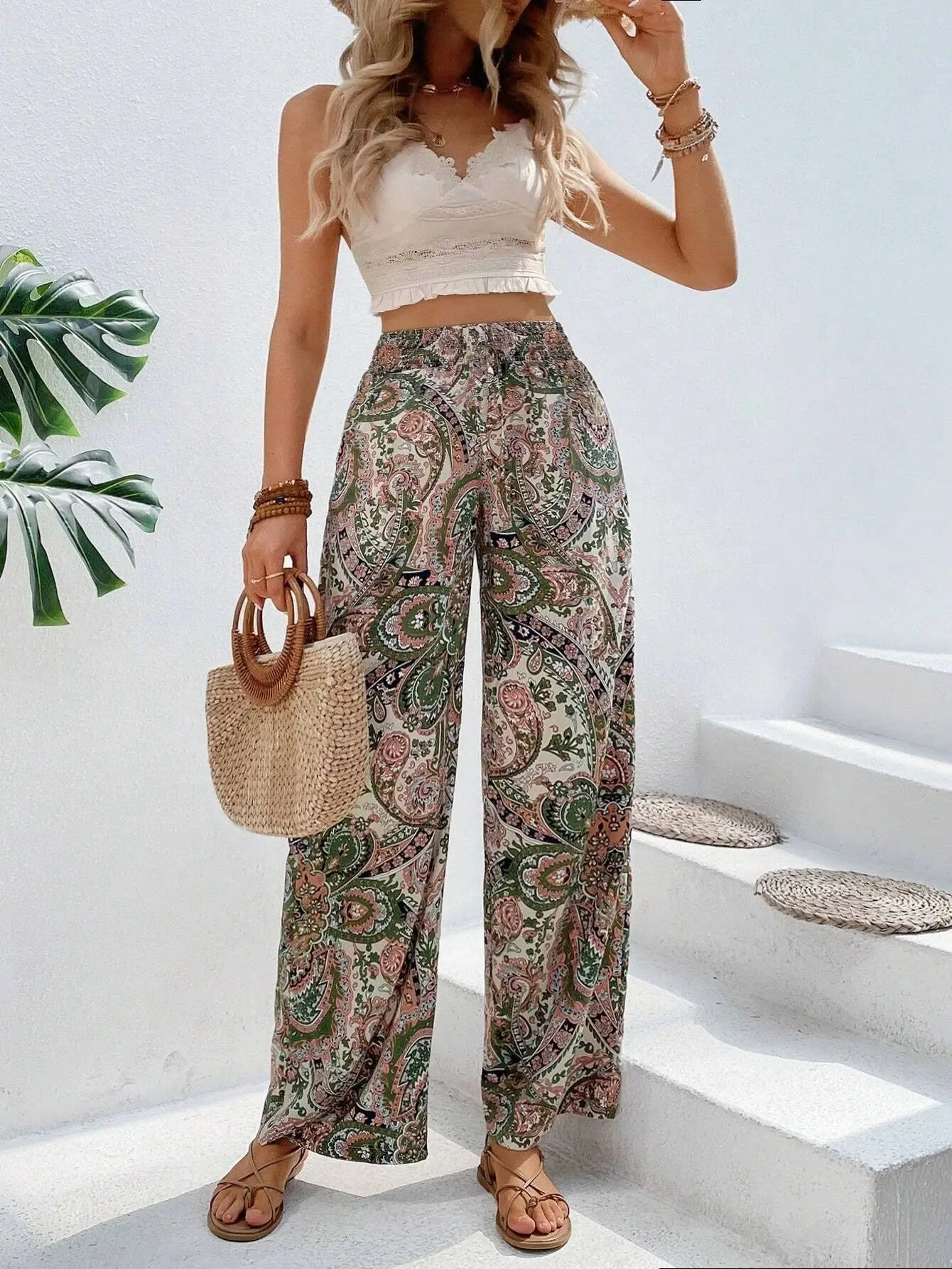 Women\'s thigh pants flower 2024 summer new fashionable printed elastic waist wide leg pants