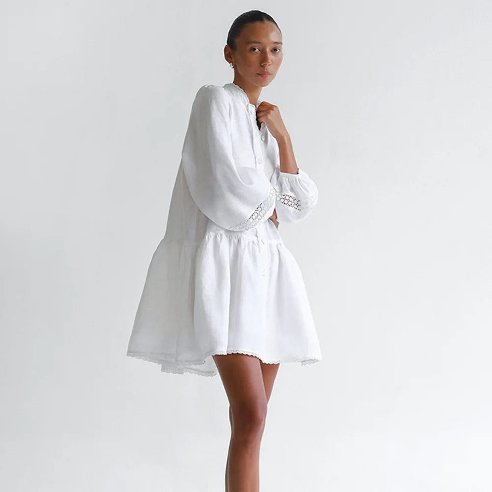 Abito da donna sexy in pizzo scavato patchwork Abito monopetto a maniche lunghe giallo Autunno Allentato Casual Streetwear