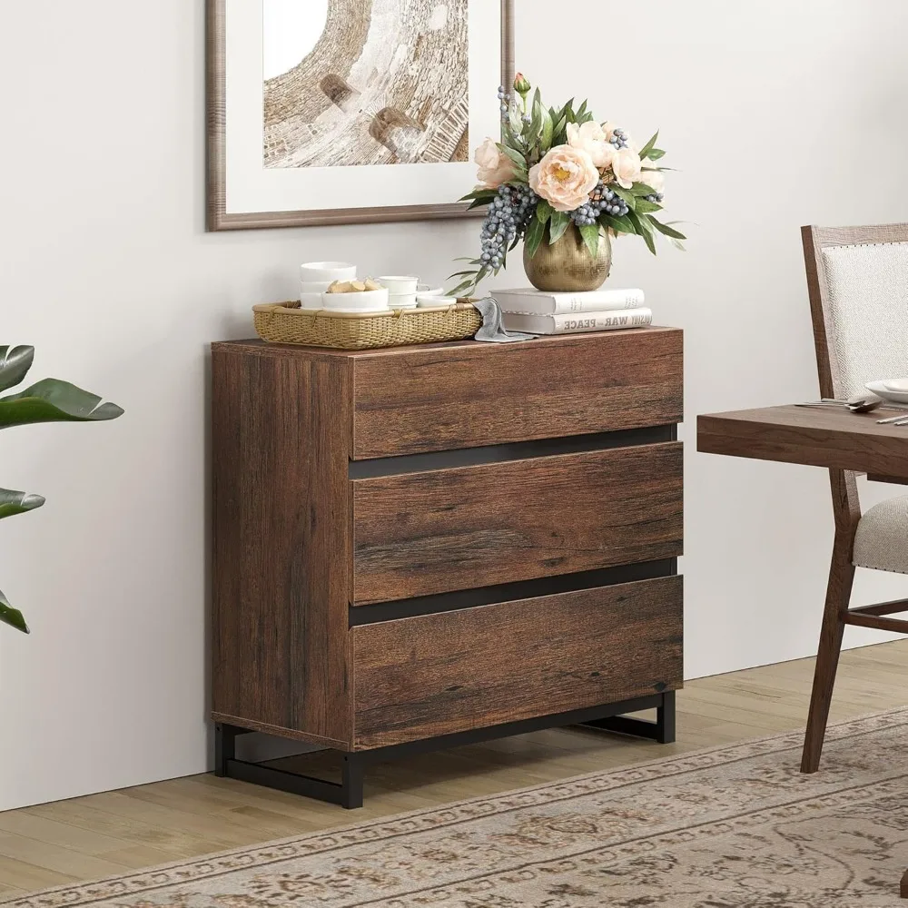 Cômoda moderna de madeira com 3 gavetas e base de metal para armazenamento de quarto e armário