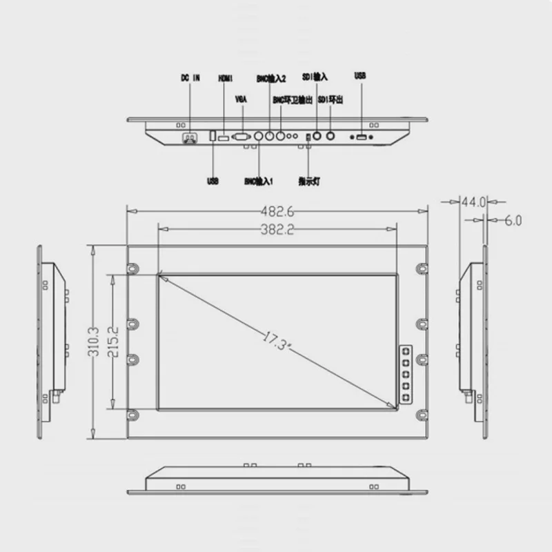 17.3 inch LCD, Rack Mount Industrial Monitor, VGA HDMI DVI Display Ports, Provide Custom Design Services
