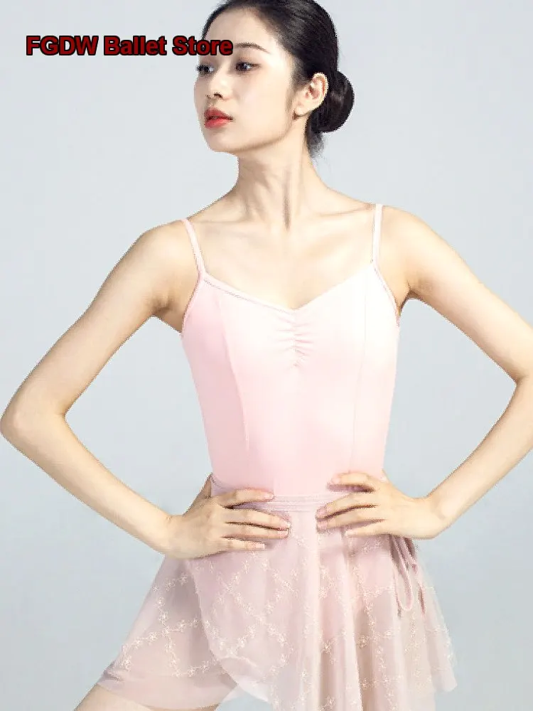 Women's Adult Ballet Leotard Body Suit Dance Dress Short Sleeve Tie Strap Apricot Lace Pink Practice Leotard