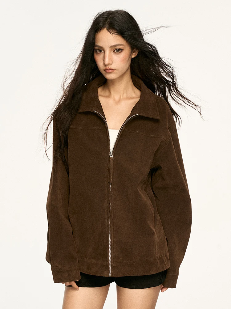 

Aaisup Pure Color Lapel Suede Jaet Women's Spring Autumn Loose Casual Design Versatile Ladies Faion ort Outerwear