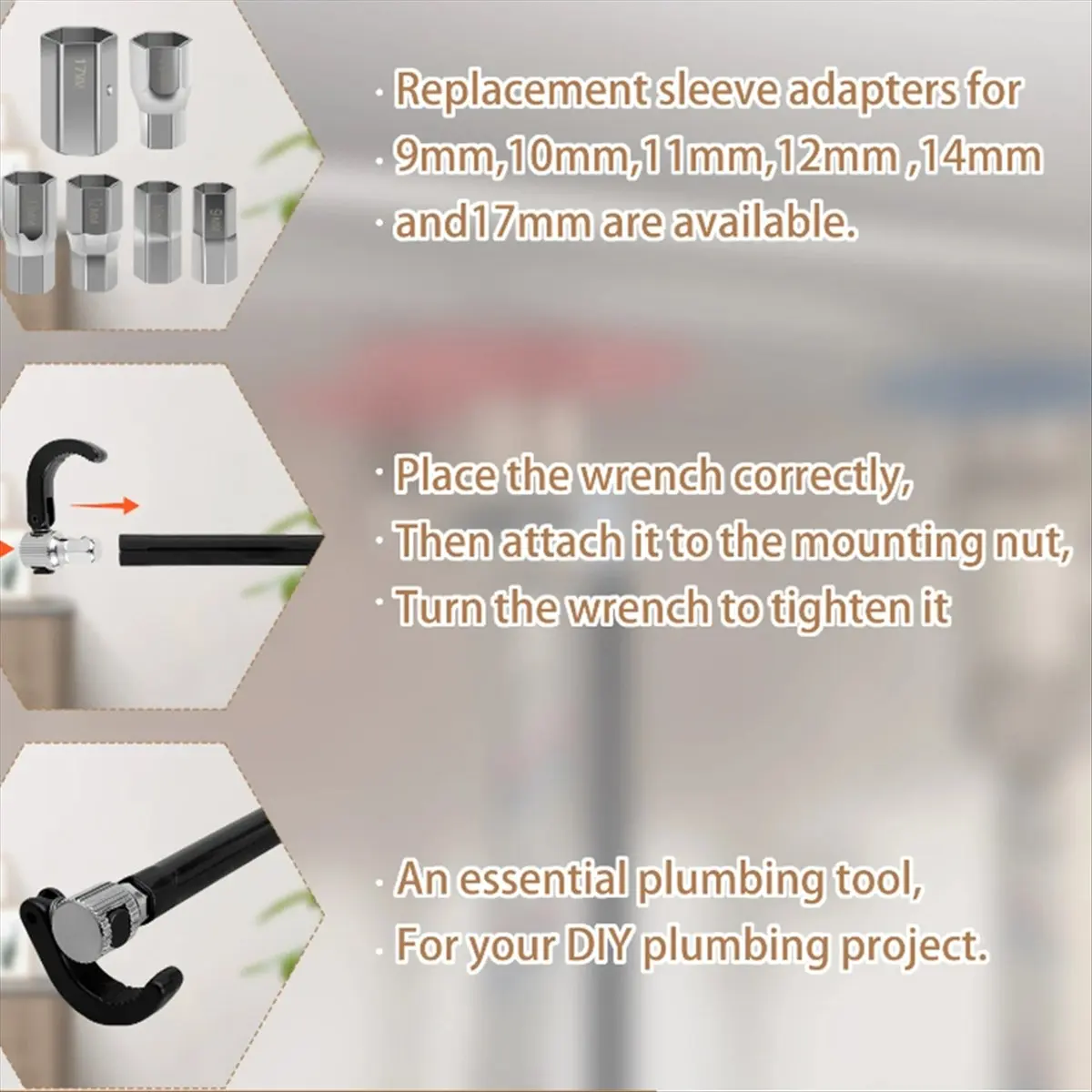 Faucet Wrench 9 to 17mm Carbon Steel Plumber Socket Wrench with 6 Sockets and 1 Collet Tight Spaces Tap Back Nut Wrench