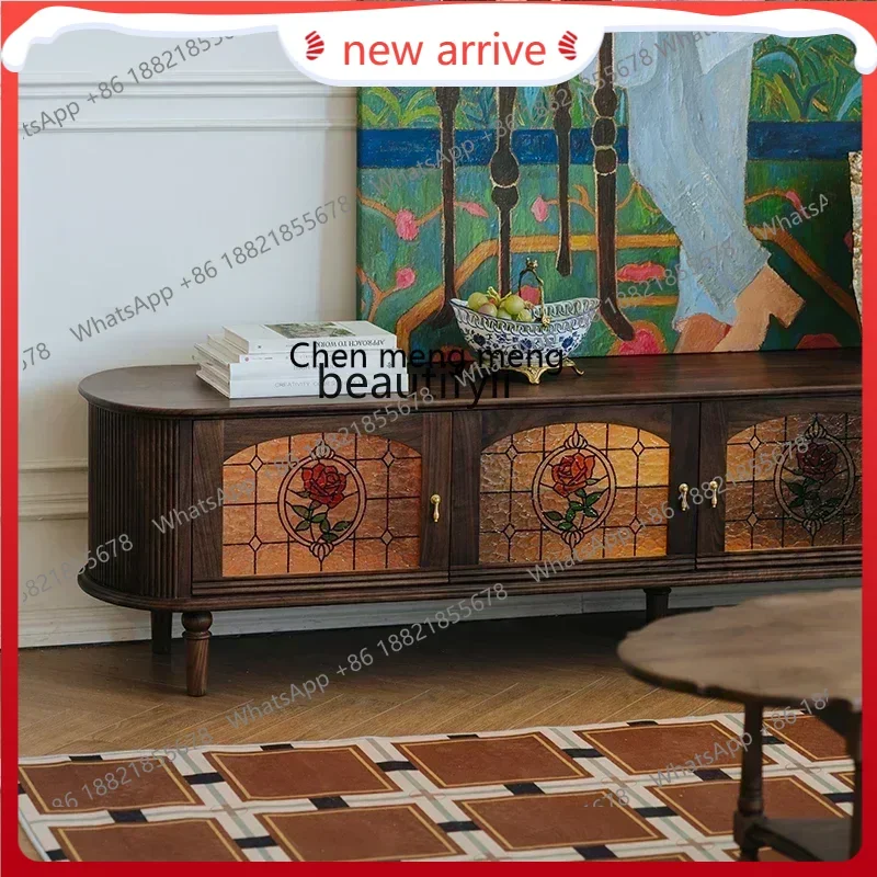 SS new style ss7486 Black walnut TV cabinet Nordic retro living room home stained glass TV cabinetss 7486