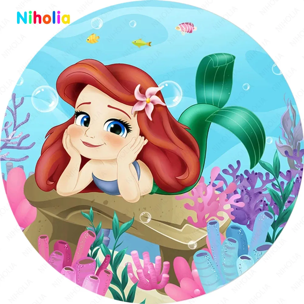 The Little Mermaid Round Backdrop Princess Cover Girl 1st Birthday Party Decoration Photo Studio Circle Background Baby Shower