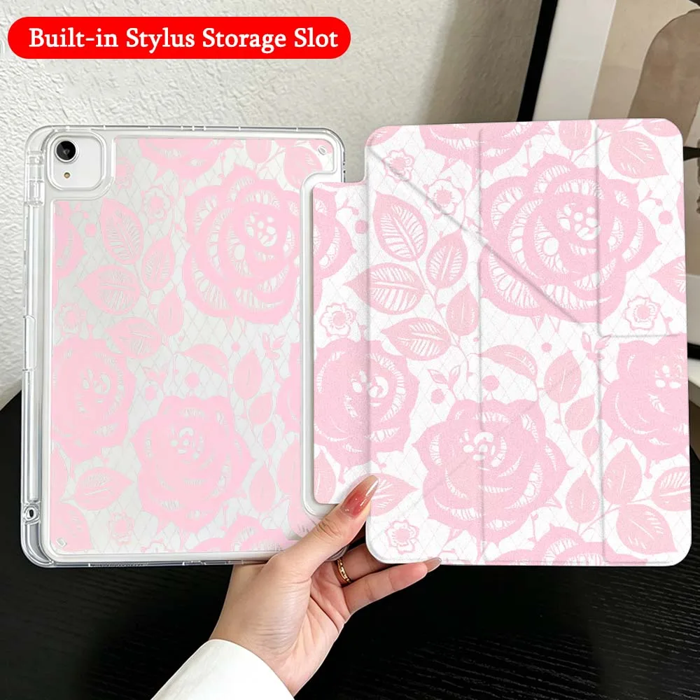 Cartoon Floral Pattern For iPad Mini Pro Air 5 6 7 8 9 10th 11th 11 9.7 10.9 13 inch Transparent Y-Shaped Folding Tablet Case