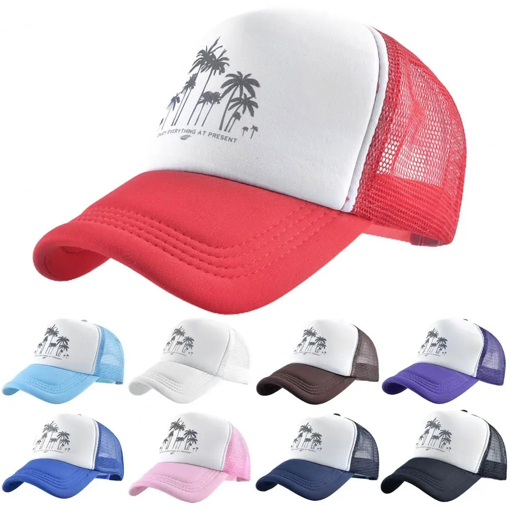 Men Baseball Hat Hollow Out Breathable Mesh Coconut Tree Print Cap Sunscreen Sun Hat Adjustable Sports Cap Summer Trucker Hat