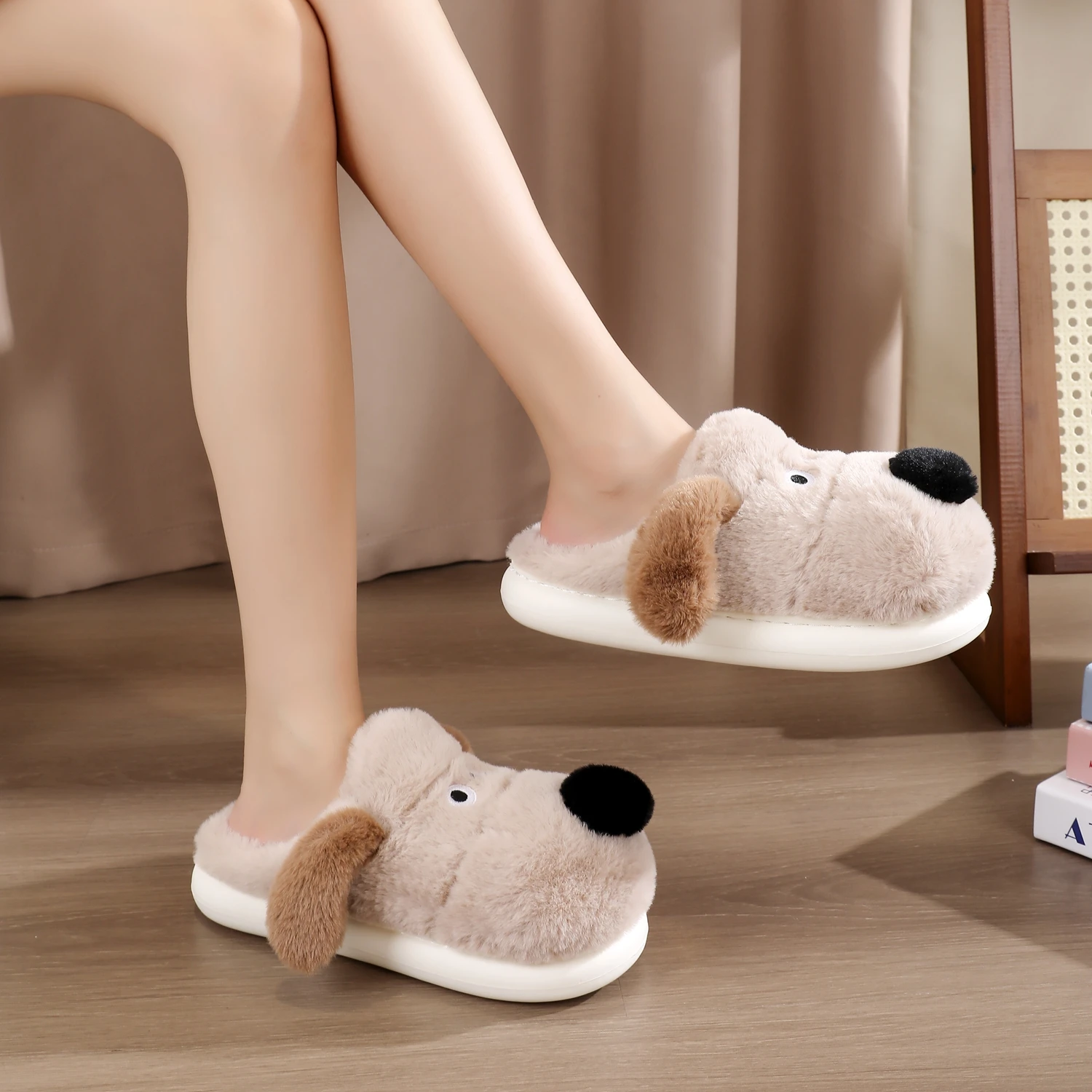 Cotton Dog Slippers for Indoor House Women and Men Warm Non Slip Slippers Winter Fluffy Shoes Simple Couple Plush Slippers