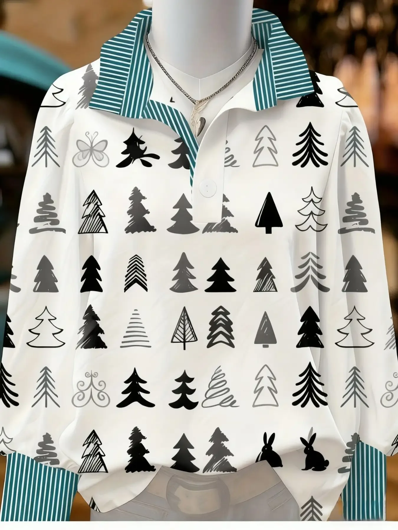 Women's striped retro fashion shirt with multi-color striped collar and half button shirt pattern, Cool golden hexagonal pattern