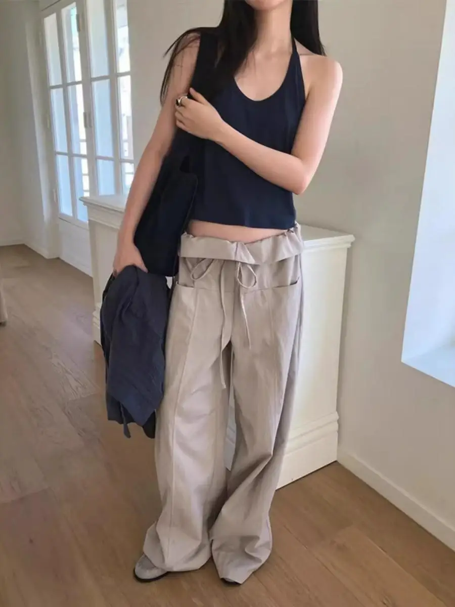 East Gate Flower Bud Waist Corded Wide Leg Pants Women's Cuffed Loose Casual Floor-Length Trousers Draped Lazy Style