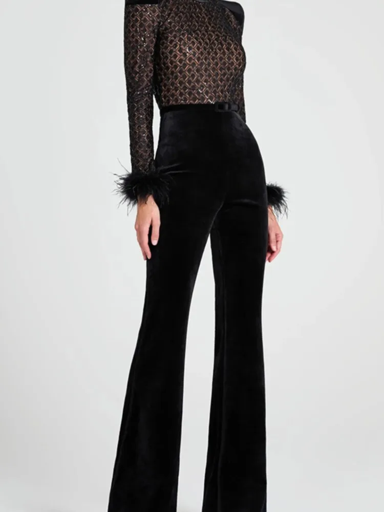 New Sequined Black Feathers Round Neck Gold Velvet Stitching Long-Sleeved Jumpsuit Casual Women\'s Sexy Long Sleeve Jumpsuit