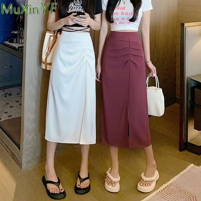 

Women's Korean Fashion Split High Waist Solid Skirts Summer 2022 Lady Graceful Joker Midi Skirt Daily Folds A-Line Skirt Female