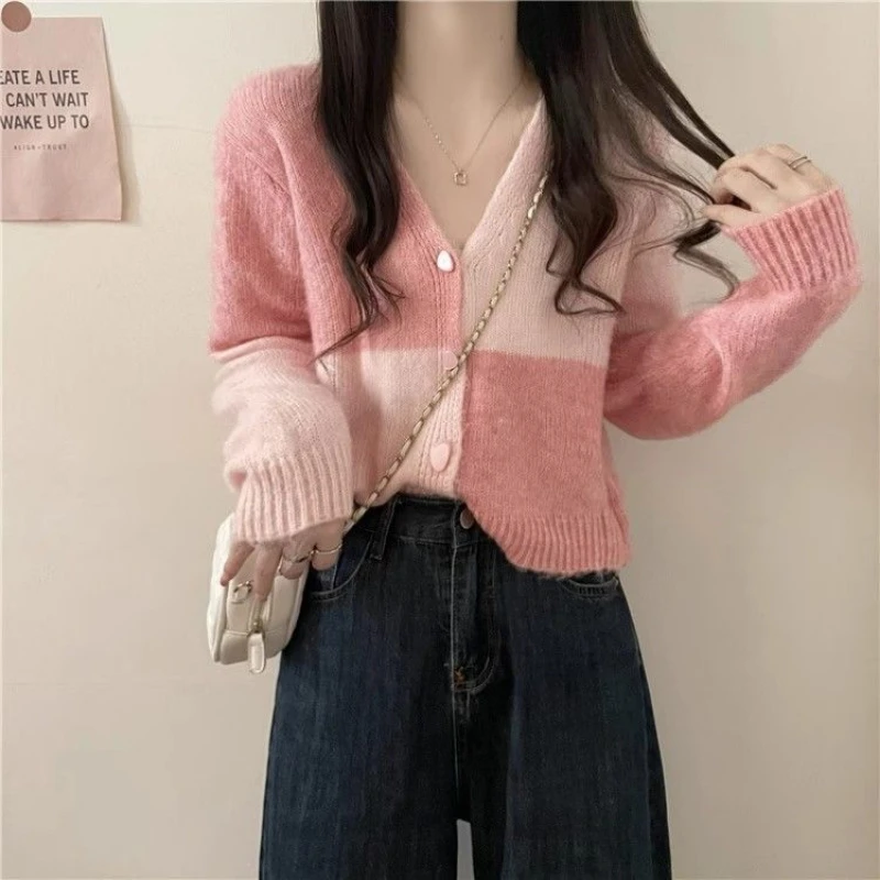 Autumn Winter New Fashion V-neck Long Sleeve Patchwork Color Blocking Cardigan Women's Clothing Button Trend Knitting Loose Tops