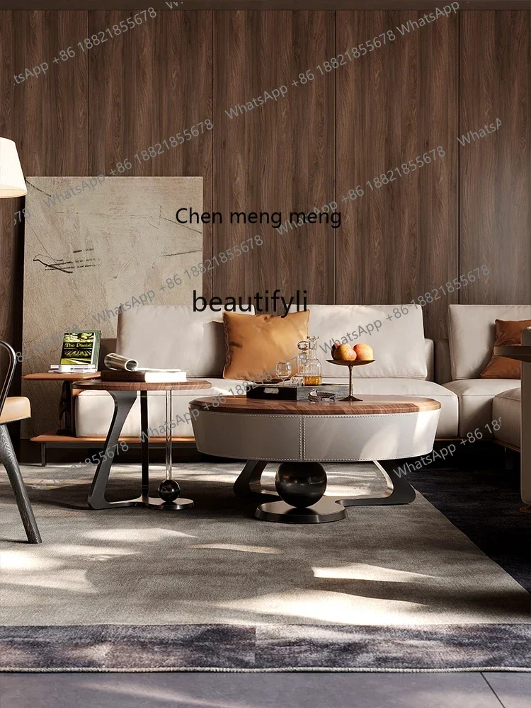 

E153 Italian Light Luxury Living Room Home High-Grade White Wax Solid Wood Size round Coffee Table Combination Minimalist