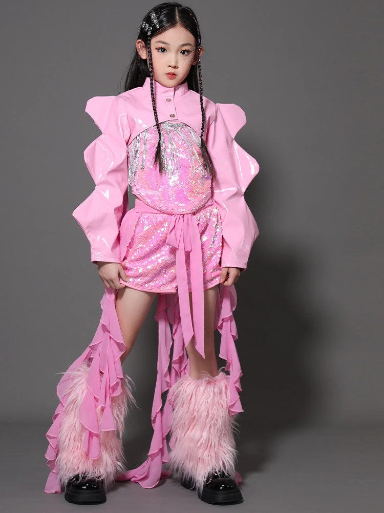 2026 Bambini Costumi di danza jazz per ragazze Gruppo Rosa Paillettes Kpop Abiti Sala da ballo Hip Hop Abiti per spettacoli di danza XH3974