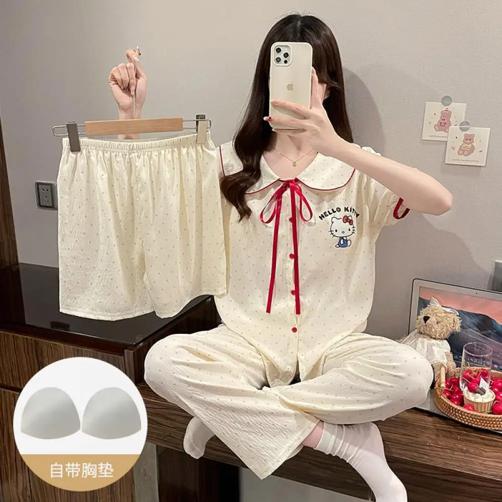 

Женский летний пижамный костюм из 3 предметов с героями мультфильмов «Hello Kitty Sanrioed Kawaii», милая ночная рубашка с короткими рукавами для девочек, домашняя одежда
