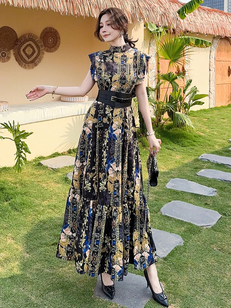 

Flared Summer Dr High Waist Printed Slimming Maxi Skirt Casual Sle No Sve Polyester Fabric Trendy New 2025