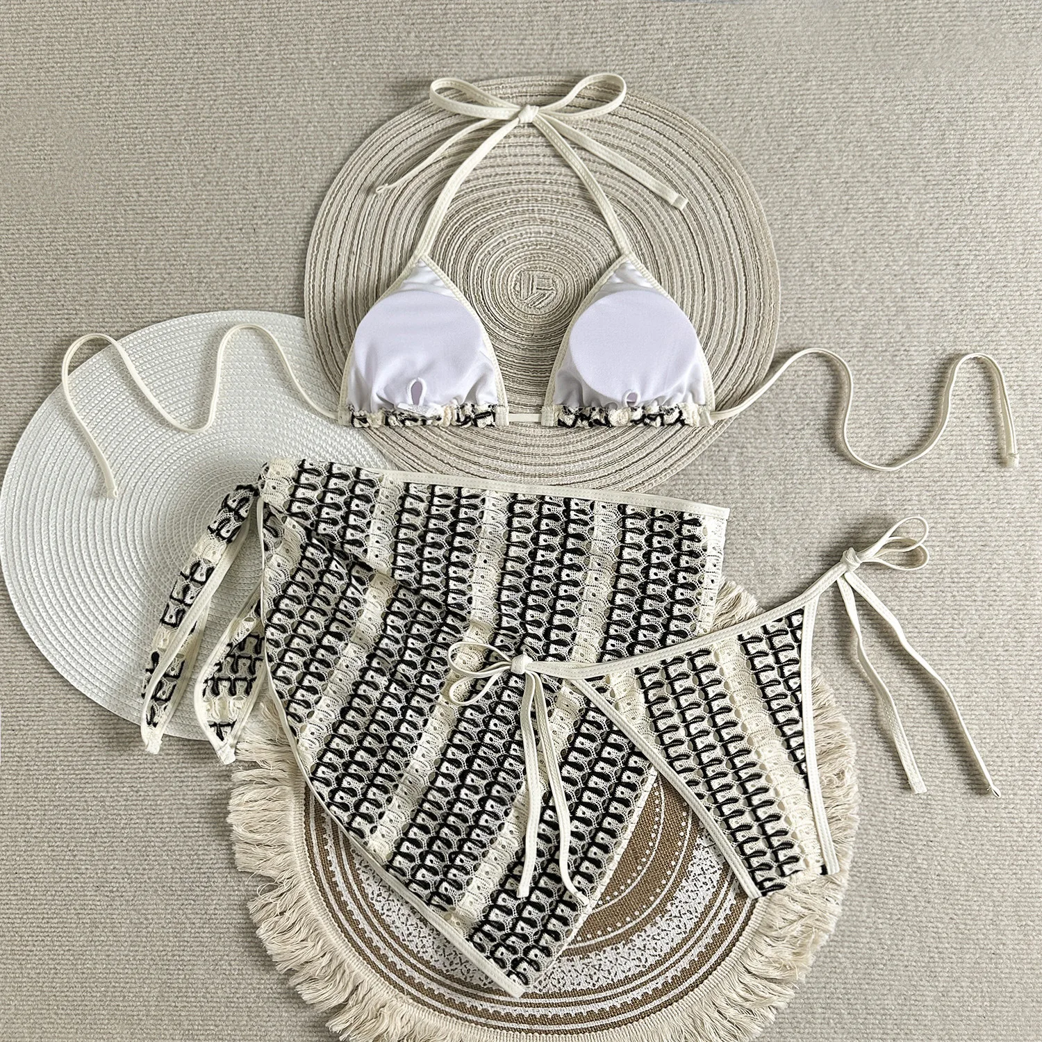 Sexy Patchwork-Mikro-Bikini-Sets, 3-teilig, mit Überzug, Rock, aushöhlen, Badebekleidung, Badeanzug, Strand-Outfits, Badeanzüge, Biquini, Tankini