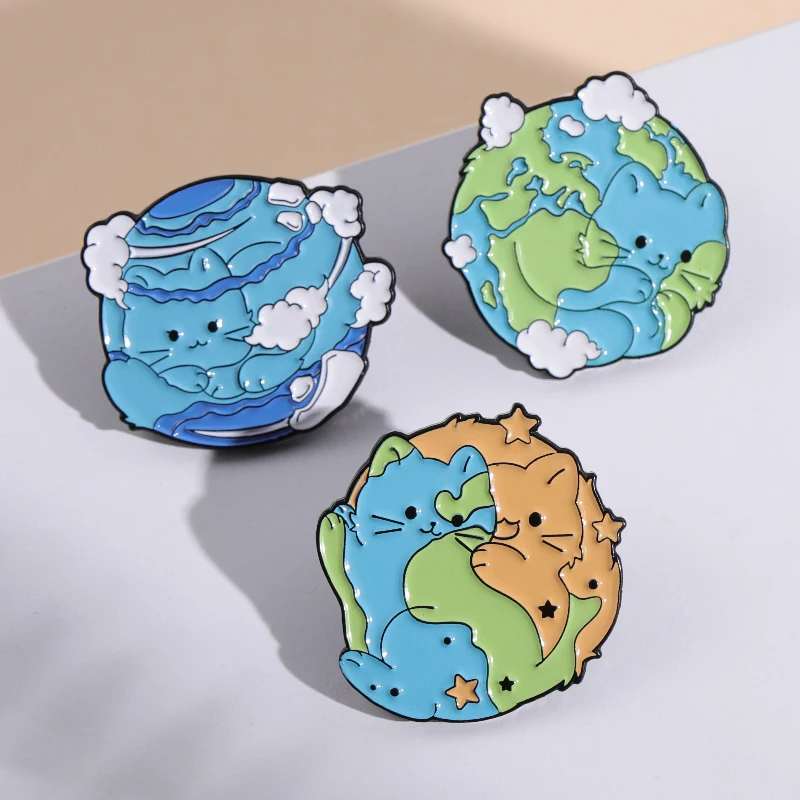 Cartoon Cat Enamel Pins Earth Planet Waves Brooch Clothes Backpack Lapel Badge Wholesale Price Pin Geometric Accessories Jewelry