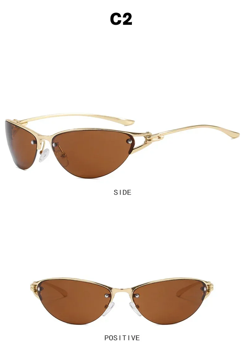 Neue silberne Y2K Metall-Cat-Eye-Sonnenbrille für Damen, modische Halbrahmen-Sonnenbrille mit klaren, getönten Gläsern, UV400, trendige Sonnenbrille für Herren, UV400 – Detail 7