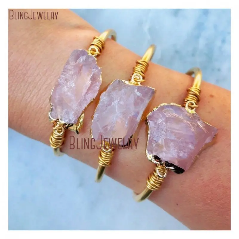 Healing Natural Crystal Rose Quartz Stainless Steel Cuff Chic Adjustable Raw Brass Gold Color Bangle Bracelet Women Boho Jewelry