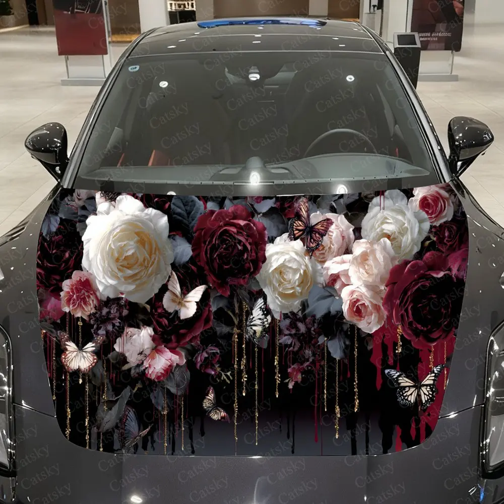 

Gothic Butterfly Rose Gold Chain Car Vinyl Wrap, PVC Material Waterproof Car Hood Sticker, Self-Adhesive Scratch-Resistant Stick