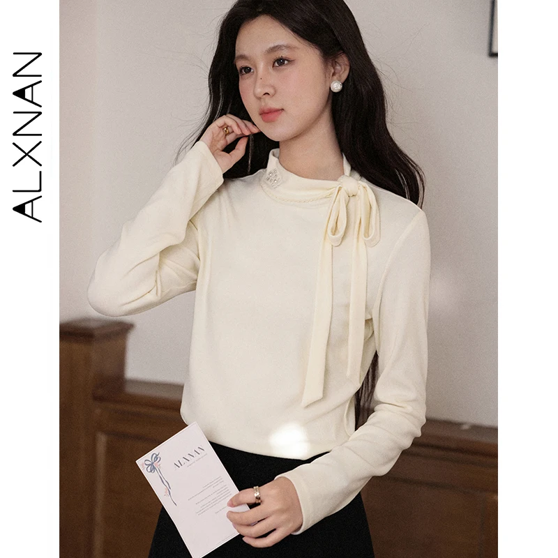 

ALXNAN Long Sleeve T-shirt Turtleneck Pearl Accented Tie Slim-fit Woman's Layering Versatile Fashion Simple Ladies Tops L58321