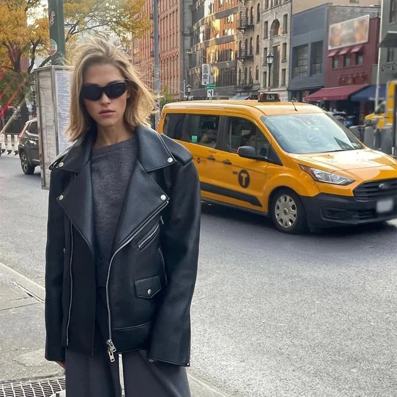 Women's Autumn Spring Top Coat Leather Jacket Zipper Retro Simple Comfortable Loose Casual Design Fashion Advanced Niche Skinny