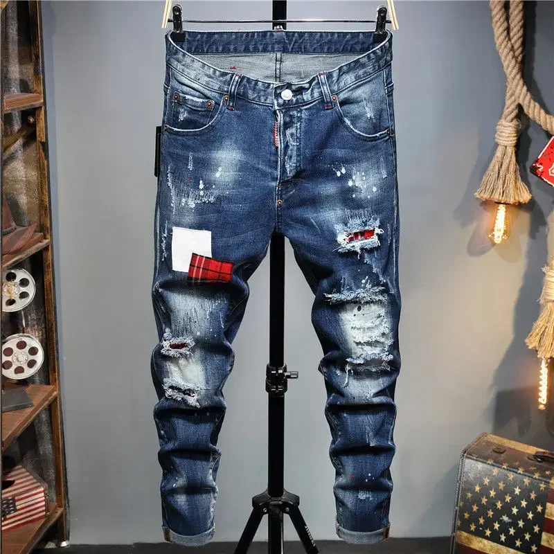 DSQ Blue with Holes Jeans Men's Handsome European and American Slim Fit Elastic Cotton Red Patch Fashion Slimming D2 Trousers